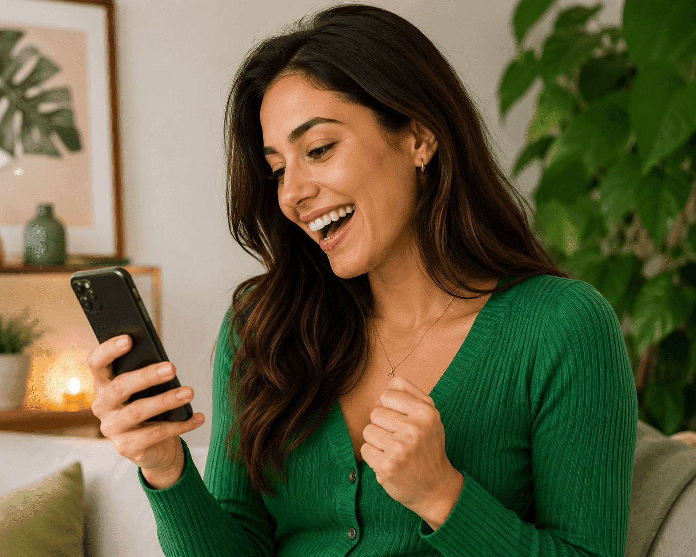 Pessoa sorrindo ao receber uma mensagem no WhatsApp